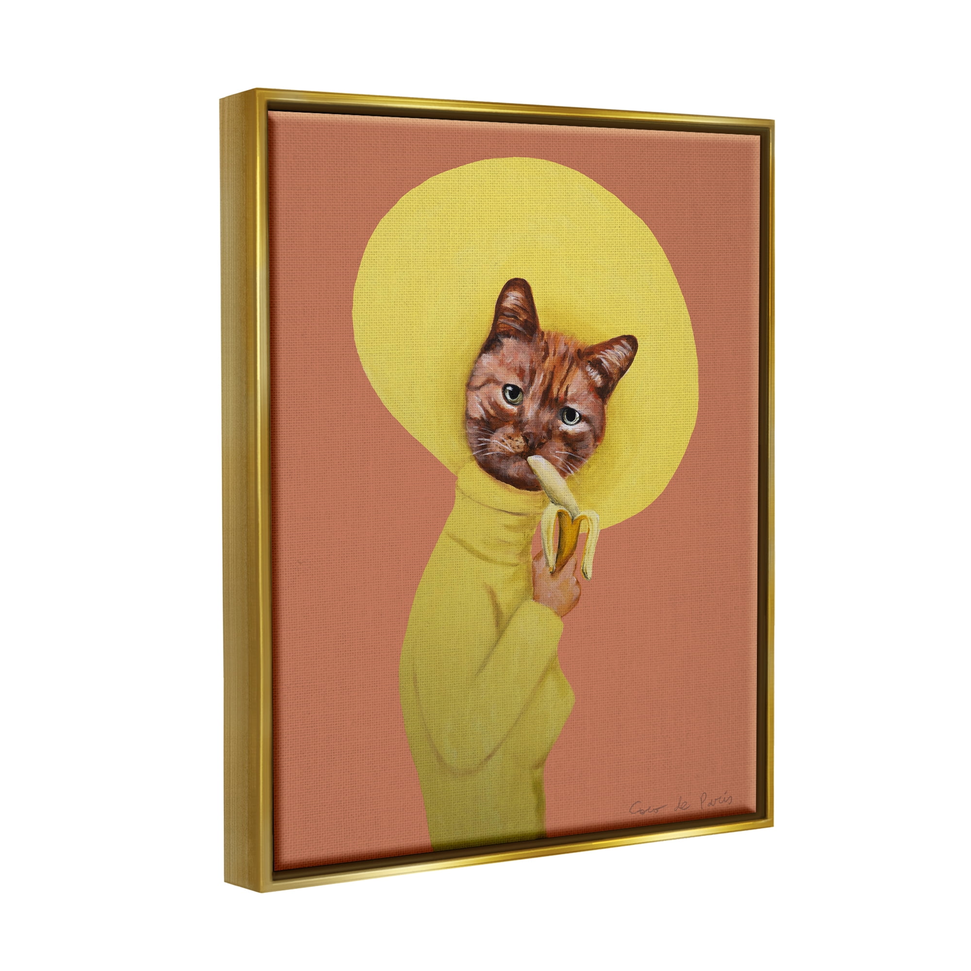 Stupell Industries Yellow Cat Eating Banana Painting Animals & Insects Painting Gold Floater Framed Art Print Wall Art