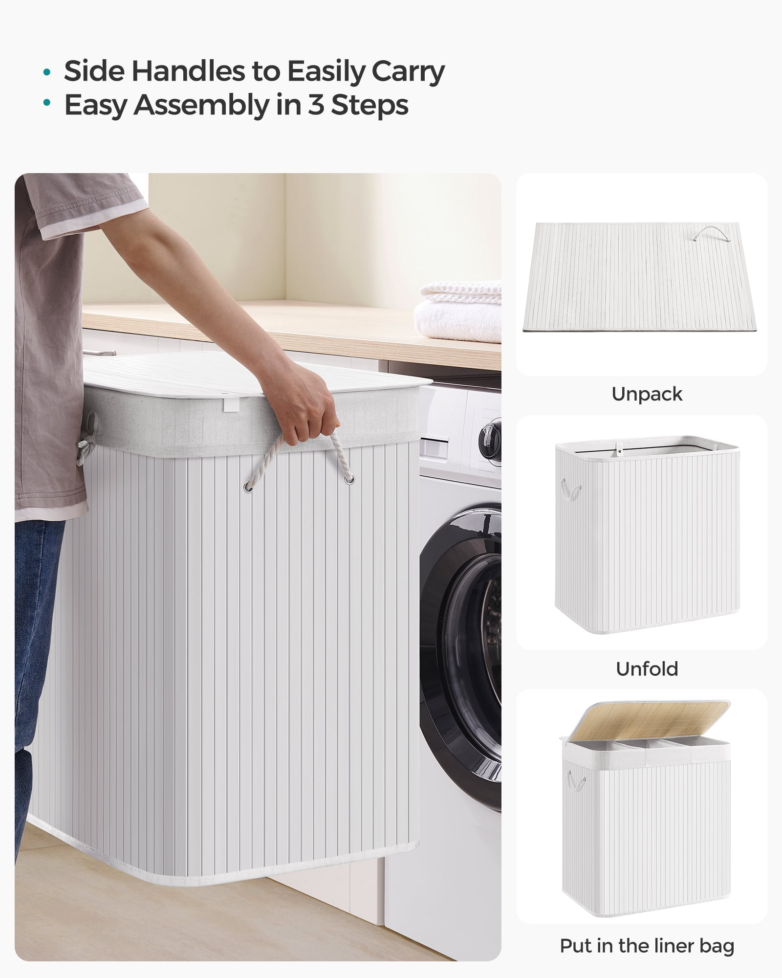 SONGMICS 39.6 Gallons Laundry Hamper, 3-Section Laundry Basket, Laundry Hamper with Lid, Bamboo, Foldable, Removable and Machine Washable Liner White