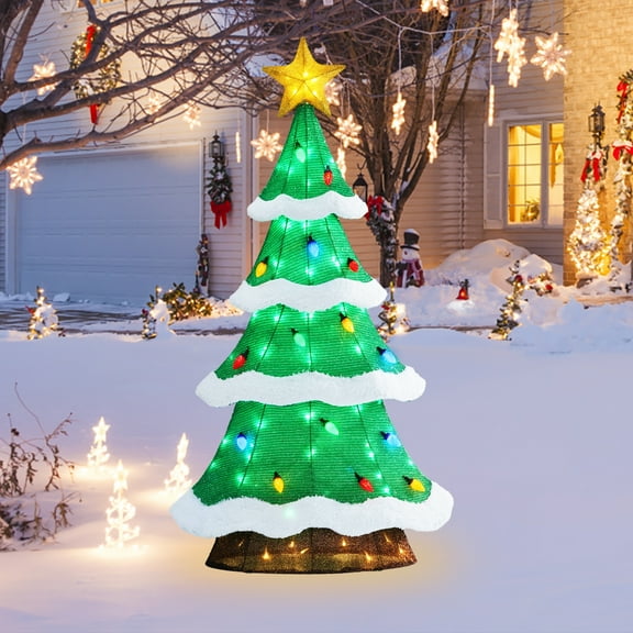 4ft Pre-Lit 3D Christmas Tree with 215 Warm White LED Lights, Star Topper & Sturdy Metal Base, Pulg in Xmas Tree for Indoor Outdoor Christmas Decor, Home, Yard, Party Xmas Decoration