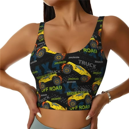 Xecao Monster Truck1 for Sports Bra with Removable Pads  Crop Tank Top Design  Women s Longline Sports Bra - Non-Wired - X-Large