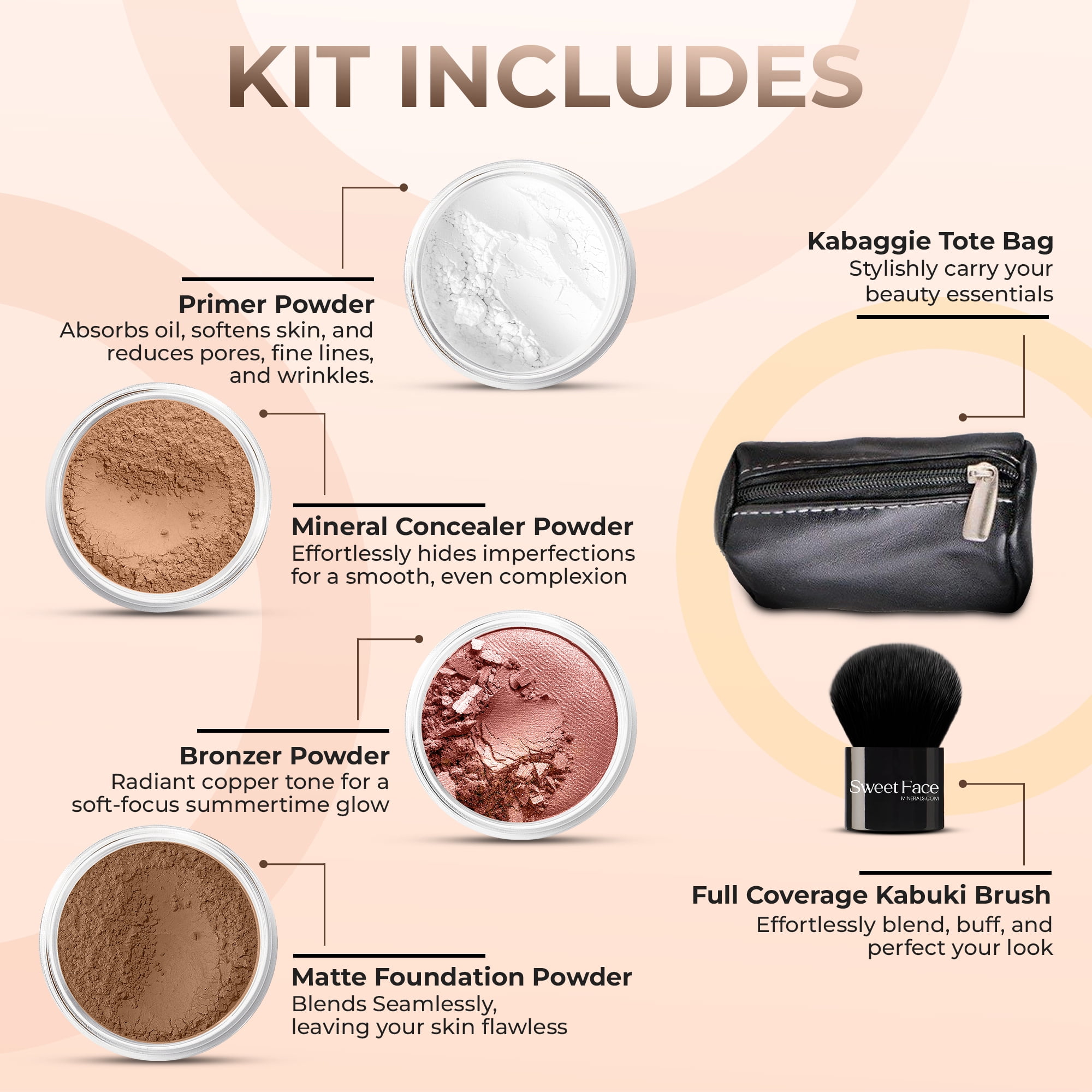 6pc FULL SIZE KIT KABUKI & KABAGGIE Tote Mineral Makeup Set Matte Foundation Bare Face Sheer Powder Cover (Cocoa)