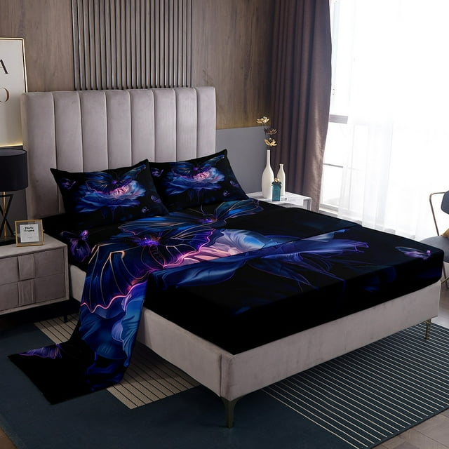 Ensemble de Draps Papillon Esthétique Rustique Animal Ensemble de Draps Complet, Draps Romantiques Roses Fleurs Ensemble de Lit, Décoration Florale Bleue
