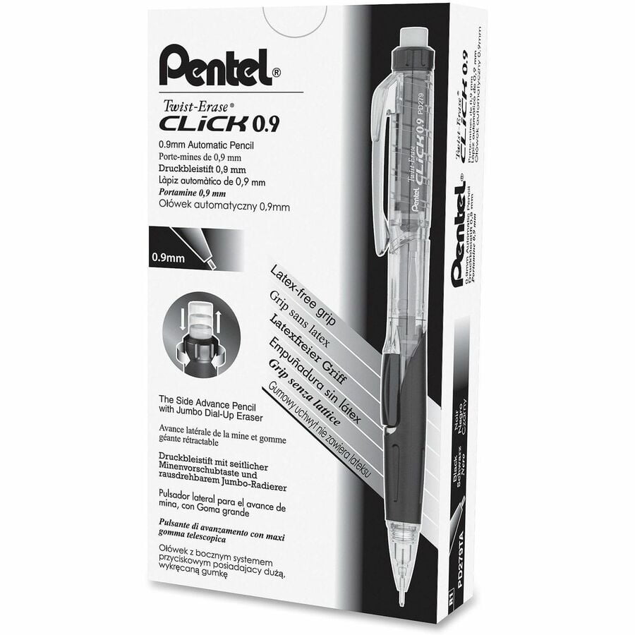 Twist-Erase CLICK Mechanical Pencil (0.9mm) CLEAR Barrel, Black Grip, 12 Count