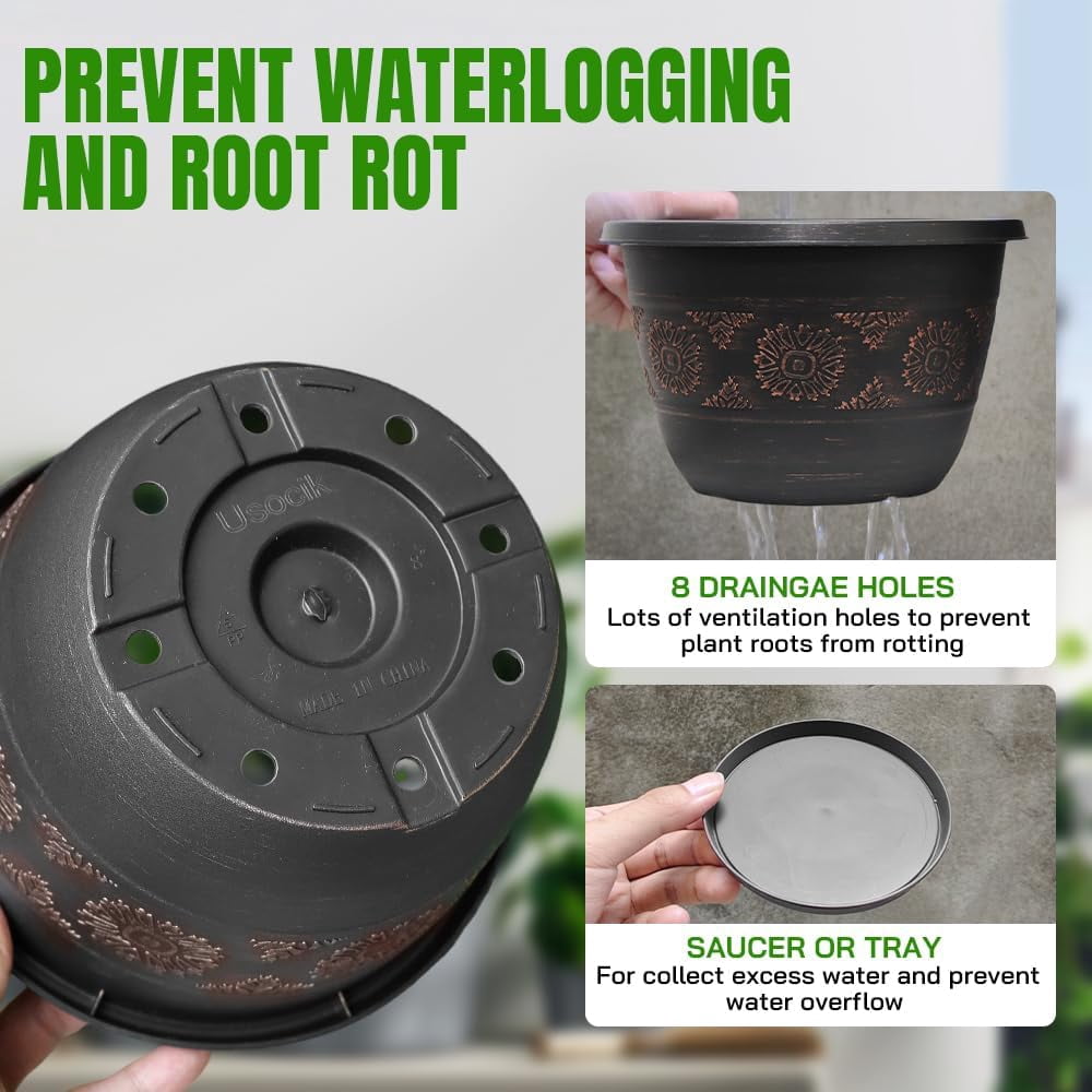 Vintage patterned flower pots with drainage holes and trays, plastic garden flower pots suitable for indoor and outdoor plants. Different colors and specifications to choose from