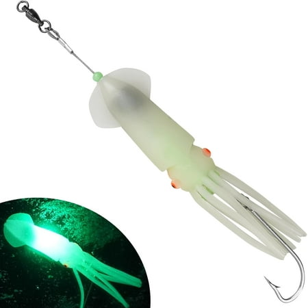 Saltwater Squid Fishing Lures LED Fishing Lures Glow Soft Squid Lures with 6/0 Stainless Steel Hook Deep Sea Trolling Lures for Grouper Salmon Halibut Tuna Striper Cod Green