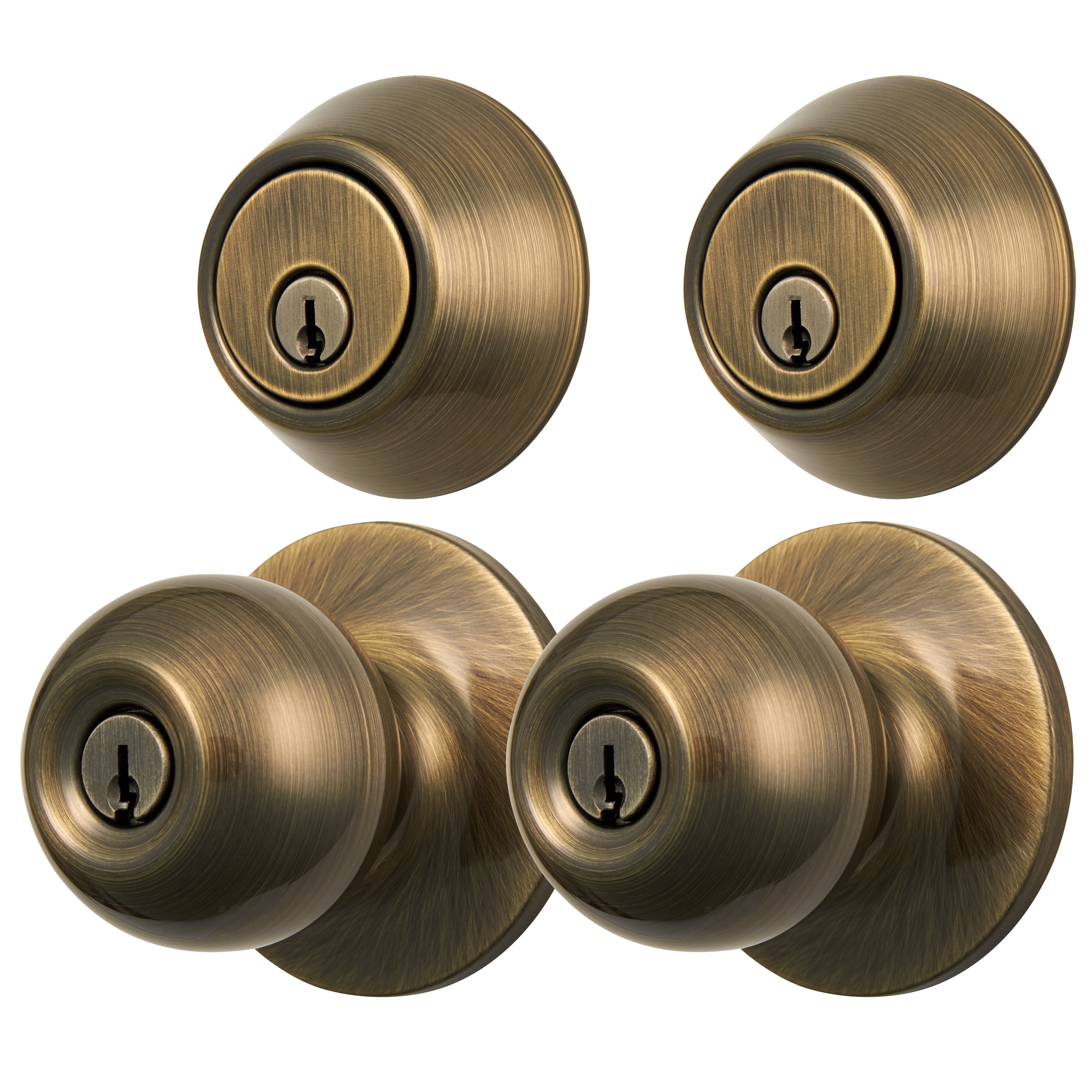 Hyper Tough Keyed Entry Ball Style Doorknob and Deadbolt Combo, Antique Brass Finish, Twin Pack