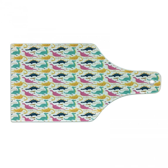 Dino Cutting Board, Rhythmic Colorful Dinosaurs on Plain Background, Decorative Tempered Glass Cutting and Serving Board, in 3 Sizes, by Ambesonne