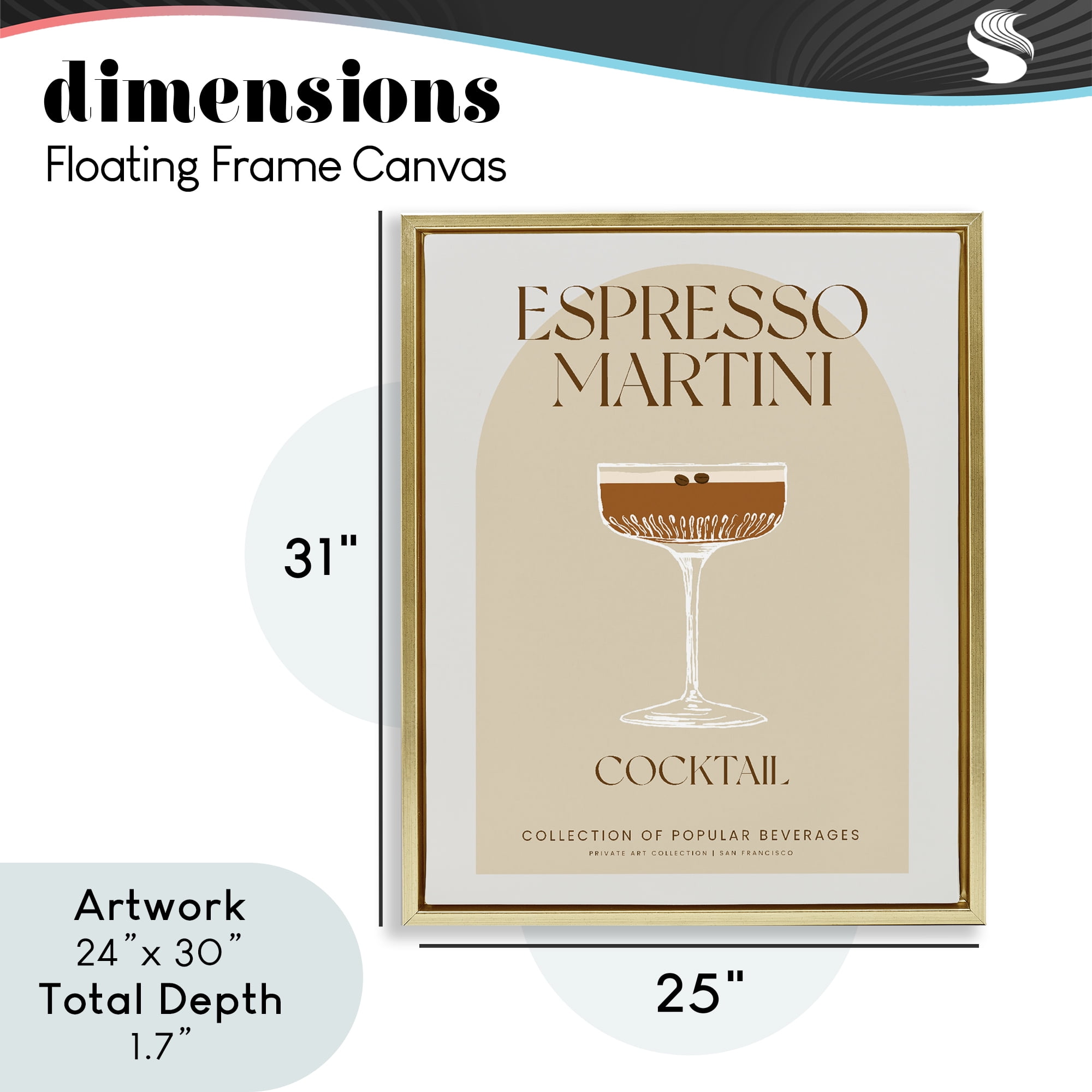 Stylish Retro Espresso Martini Gold Framed Floater Canvas Wall Art, design by Lil' Rue