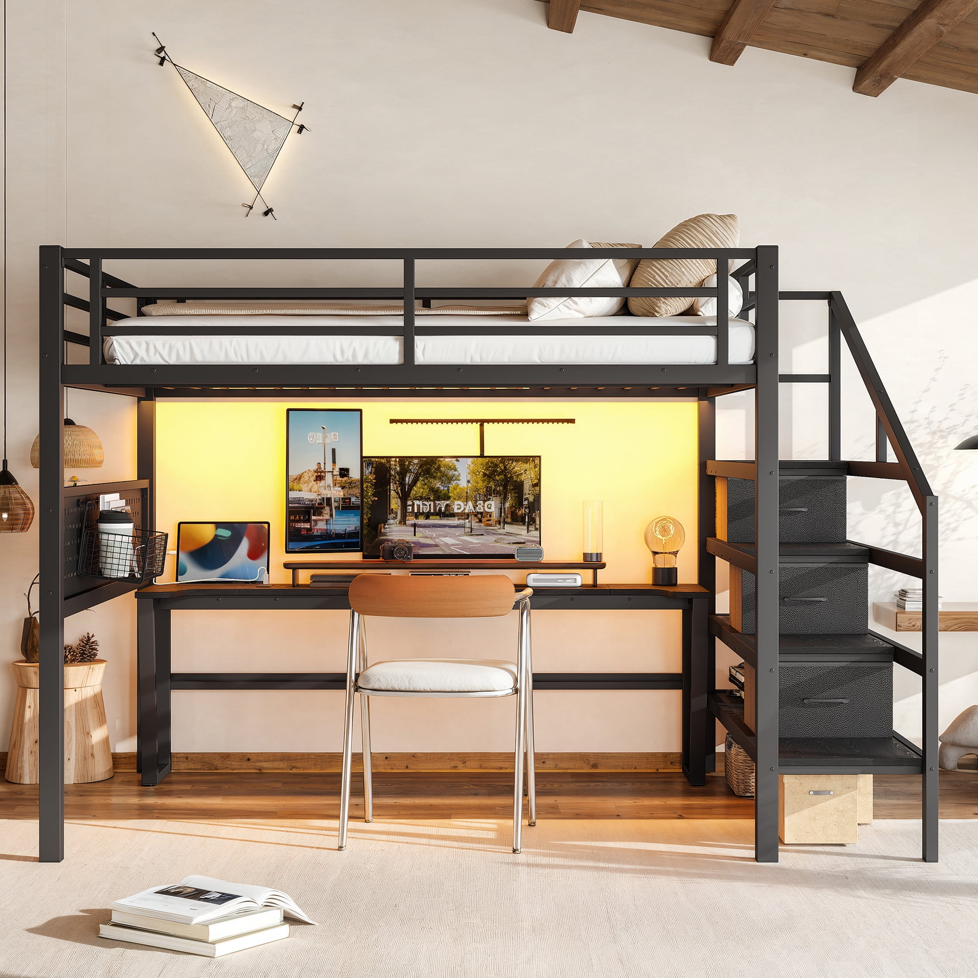 Leumius Queen Size Loft Bed with Storage Stairs and Movable Desk with USB,Metal Loft Bed Frame with 3 Fabric Drawers and LED, Full-Length Guardrail and Pegboard,Black