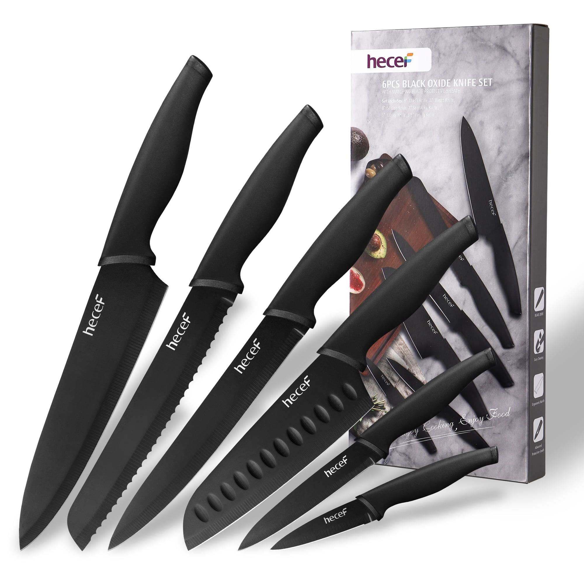 Hecef 12Pcs Black Knife Set Japanese Chef Santoku Utility Knife with  Sheaths