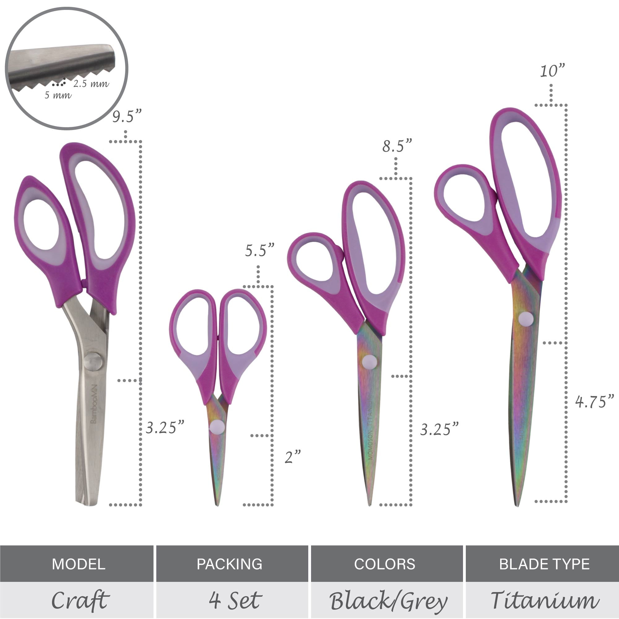 BambooMN Titanium Softgrip Scissors Set - Pinking, Sewing, Arts, Crafts, Office - 1 Set of 4 - Purple