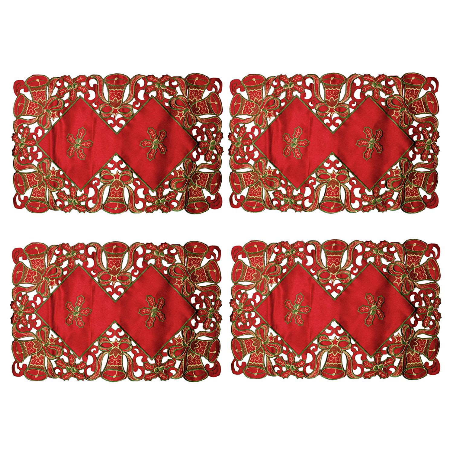 Set of 4 Pieces Creative Linens 4PCS Holiday Christmas Embroidered Poinsettia Candle Bell Placemats 11x17 Beige & Red