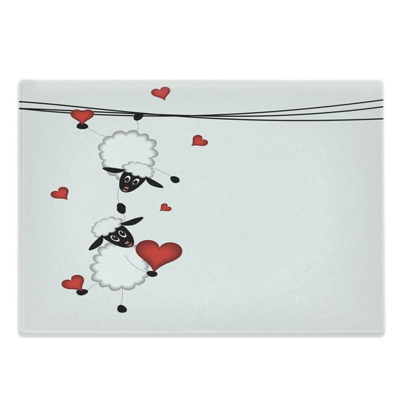 Animal Cutting Board, Sheep Couple with Heart Shapes in Love Hanging on Washing Fun Comic Cartoon Art, Decorative Tempered Glass Cutting and Serving Board, Large Size, Red White Black, by Ambesonne