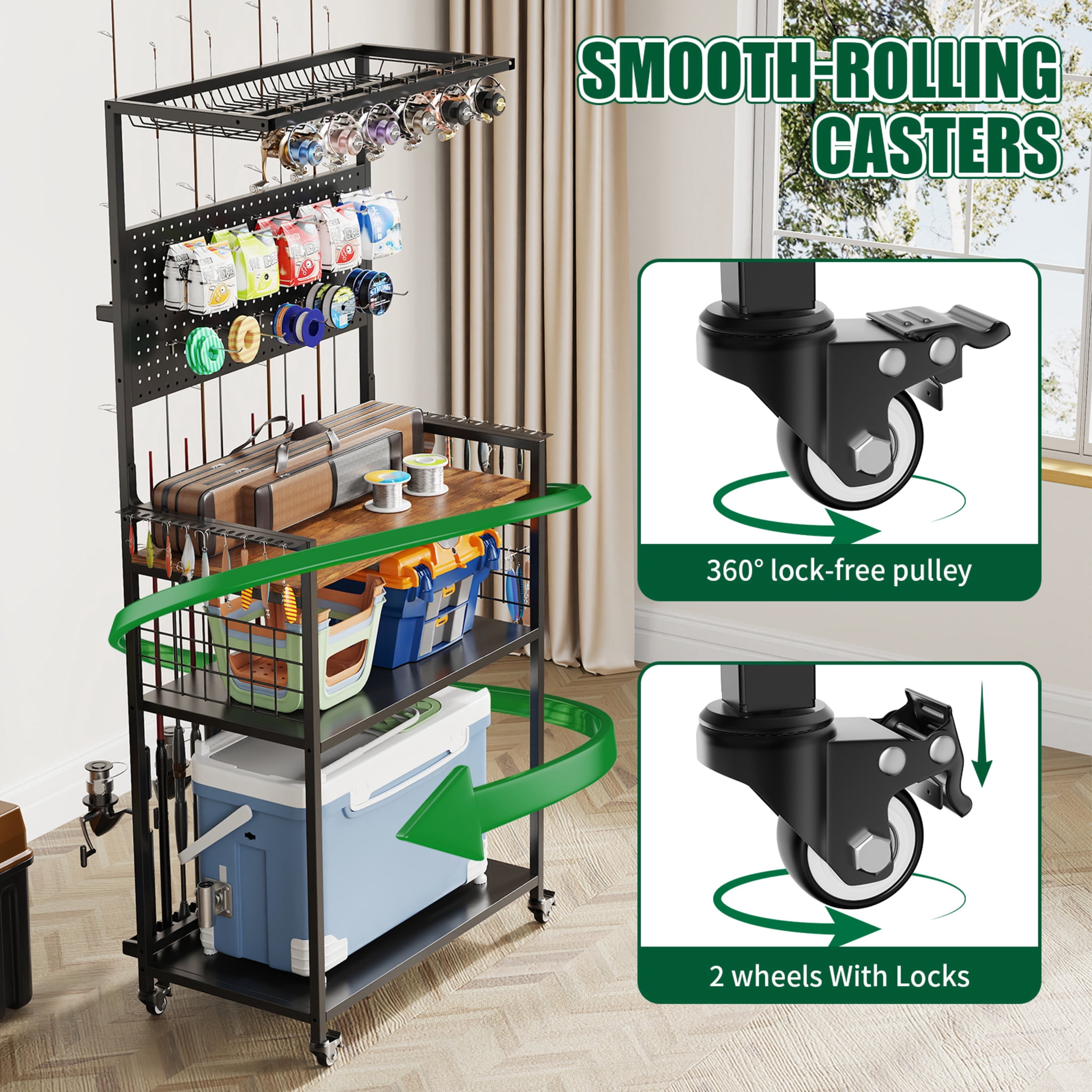 Noble House Rolling Fishing Tackle Organizer Cart with Pegboard, Heavy-Duty Multi-Tier Rod & Reel Storage Rack, Black