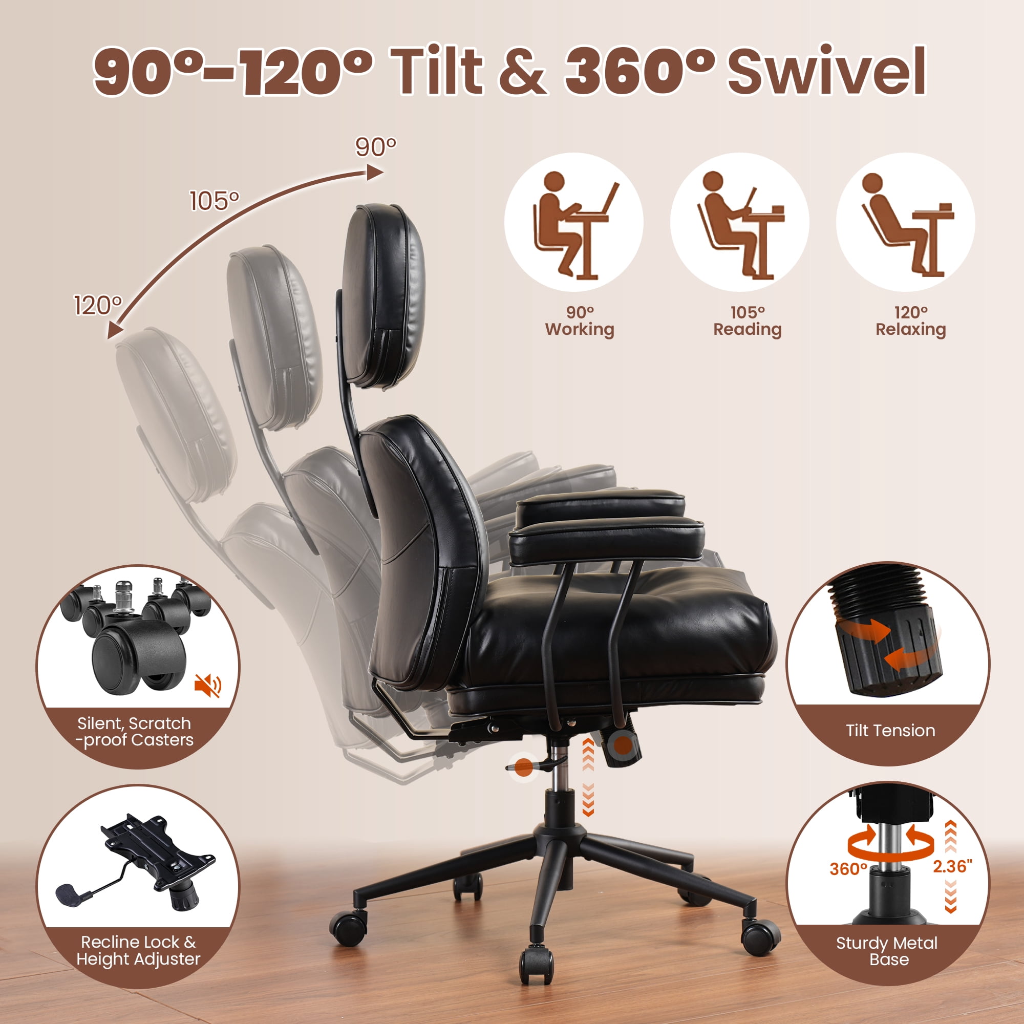 XIZZI Executive Office Chair, Oversized Computer Desk Chair with High Back, Ergonomic Elegant Design, Multi-Layer Memory Foam Cushion, Black (PU Leather)