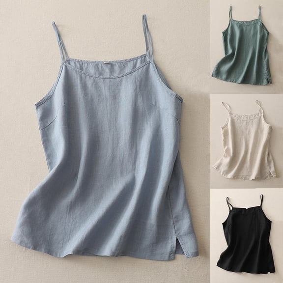 Goodtrade8 Sleeveless Tank Tops for Women Cotton Linen Pullover Tshirts Casual Camisole Black Summer Work Undershirts Womens Tops Round Neck