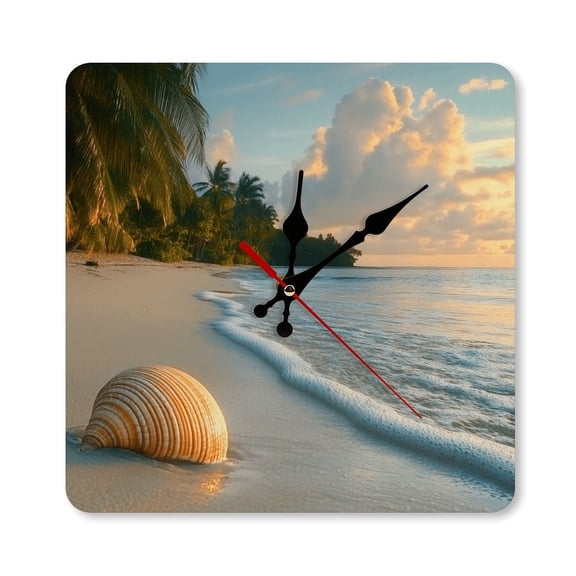 RKSupls 1010inch Beach Shell Palm Tree Square Unmarked Wall Clock Silent Non-Ticking Home Decor for Bedroom Living Room Office Classroom Easy to Install