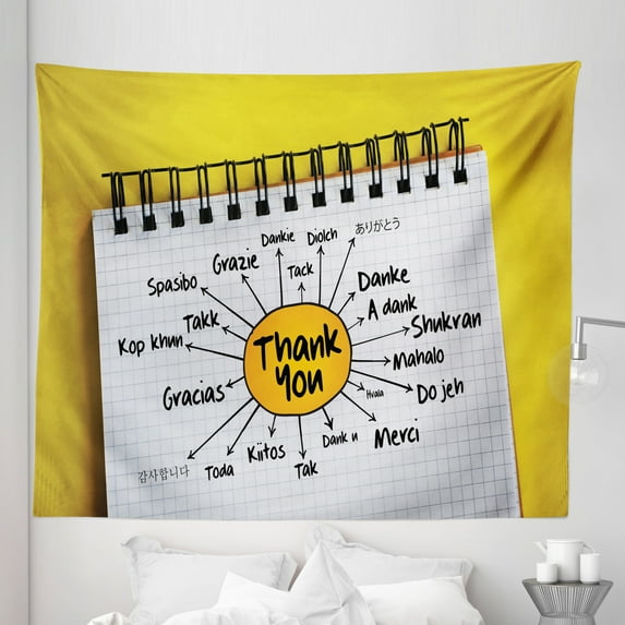 Gratitude Tapestry, Thank You Lettering in Different Languages Universal Diagram of Words, Fabric Wall Hanging Decor for Bedroom Living Room Dorm, 5 Sizes, Mustard Charcoal Grey, by Ambesonne