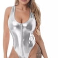 thumbnail image 5 of Ynynloco Women's Metallic Halter One Piece Bodysuit Front Zipper Shiny Sleeveless Bodycon Jumpsuit for Party, 5 of 5