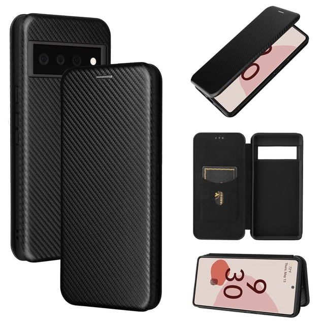 Case for Google Pixel 6 Magnetic Carbon Fiber Leather Folio Flip Case with Card Holder Kickstand