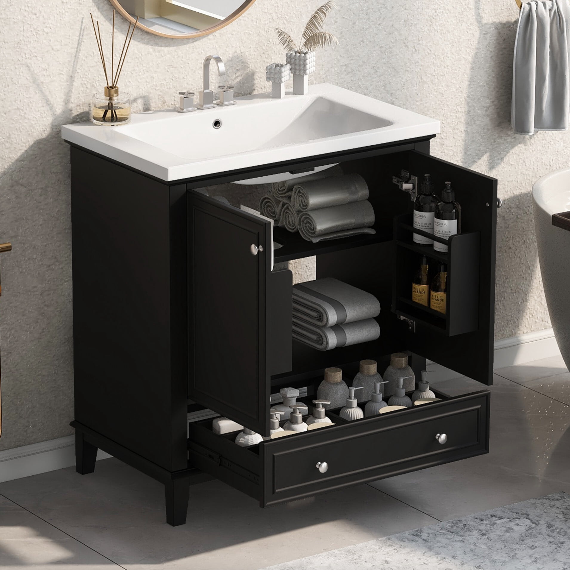 30" Bathroom Vanity with Single Sink Combo, Modern Undermount Bathroom Sink Cabinet, Wood Bathroom Dresser Storage Cabinet with Doors and Drawer, Black