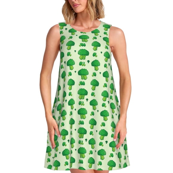 Bixox Broccoli 1 Print Women's Sleeveless A-Line Dress with Pockets, Casual Knee-Length Tank Dress for Summer-Large