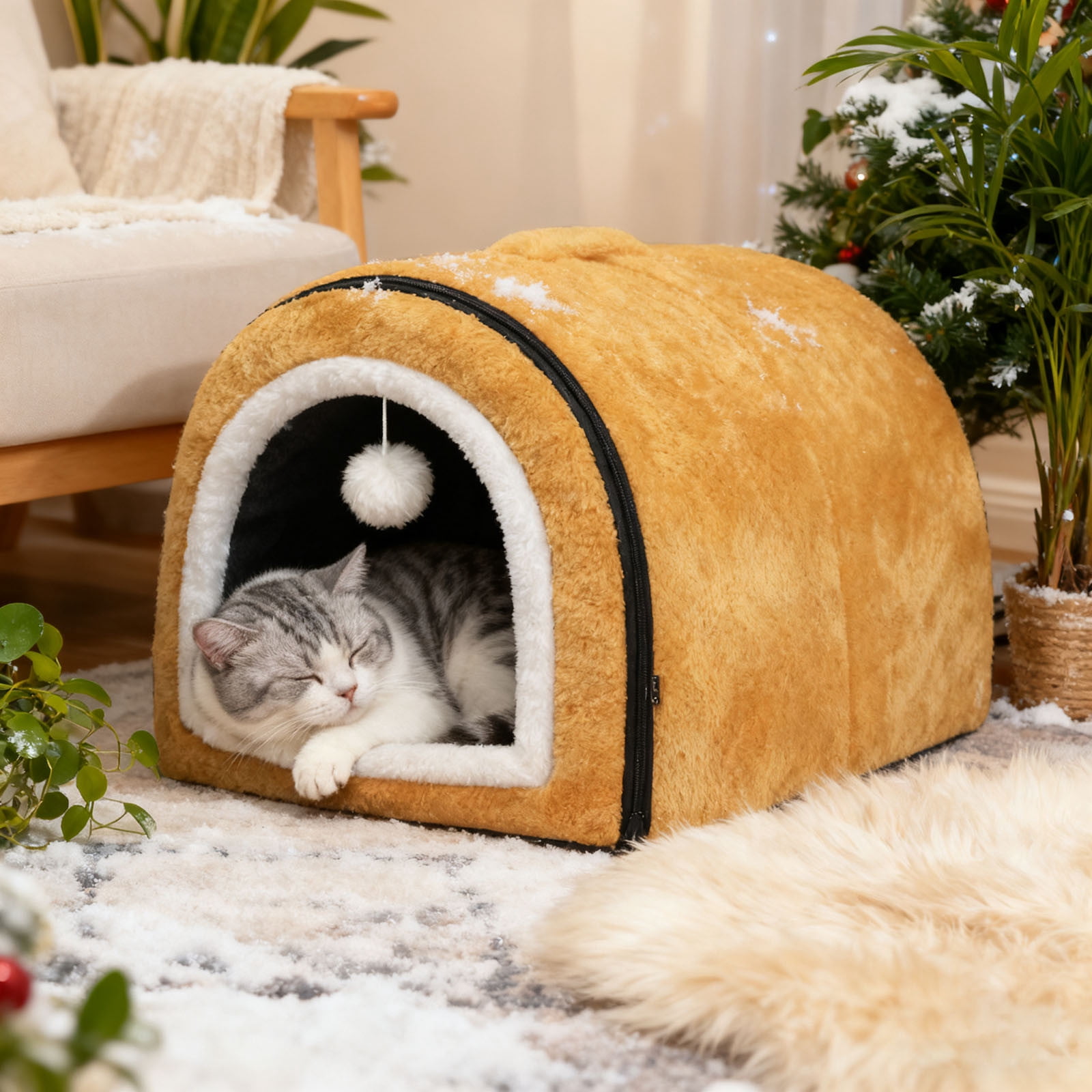 USB Heated Cat Bed for Indoor Cats-Semi-Enclosed Cat Cave with 4 Temperature Control, Arched Roof&Anti- Bottom, 2-in-1 Thermo Pet Bed for Winter,Warm Washable Bed for Cats Dogs