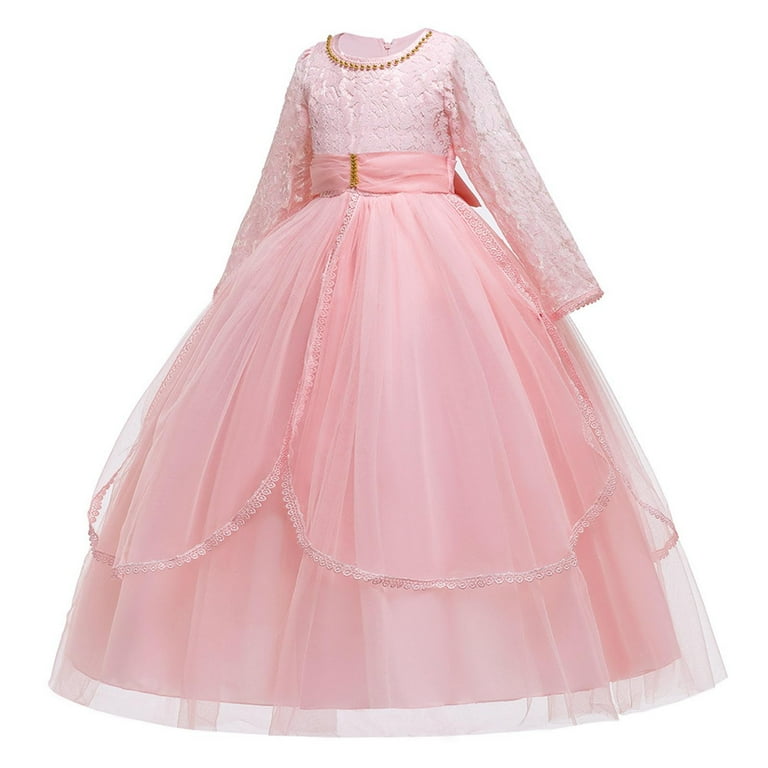 Ugoldhm Girls Fall Ball Gown Crew Neck Mesh Bow Long Sleeve Birthday Dress  Kids Formal Clothing Sizes 7-14 - Walmart.com