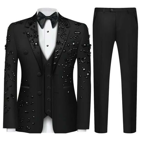 Luxury Men's 2 Piece Suit Classic Fit Slim Solid 2 Button Beads Crystal Party Wedding Tuxedo Suits Blazer Jacket Pants Set