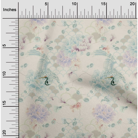 oneOone Polyester Spandex Off White Fabric Floral & Peacock Dress Material Fabric Print Fabric By The Yard 56 Inch WideR6L