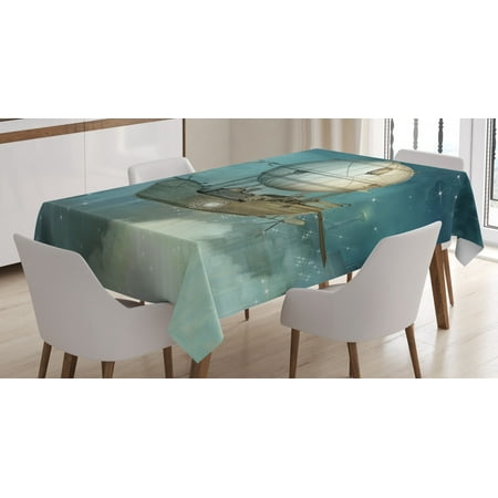 

Steampunk Tablecloth Fantastic Airship Flying Over a Futuristic Town Full of Skyscrapers Rectangular Table Cover for Dining Room Kitchen 52 X 70 Inches Petrol Blue and Tan by Ambesonne