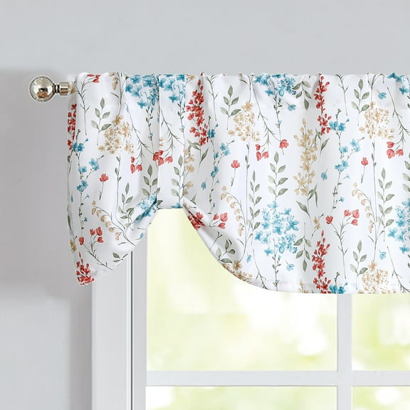 Bohogeo Semi Sheer Floral Tie-up Kitchen Curtain Valance Botanical Flower Leaves Print, 56" x 15", Watercolor, 1 Panel