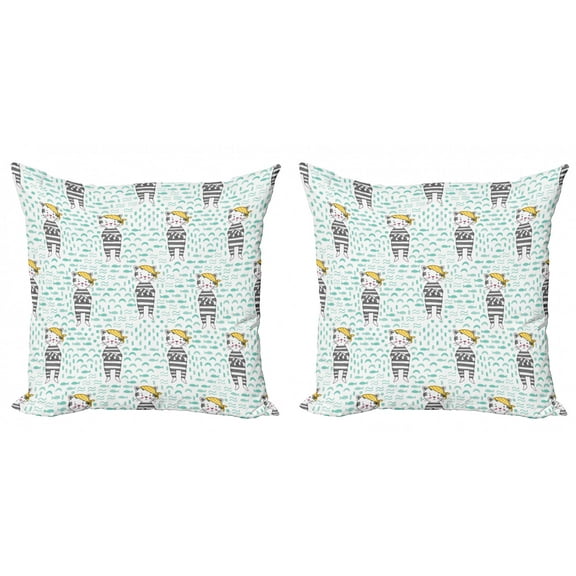Ambesonne Cartoon Throw Pillow Cover 2 Pack, Cats with Bandana, 18", Pale Green Yellow