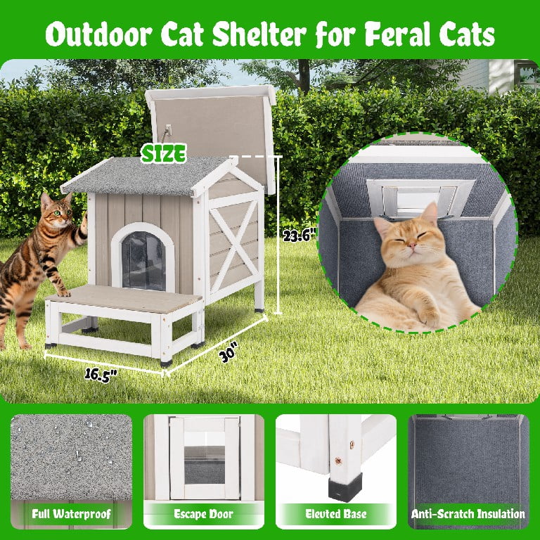 PETSCOSSET Insulated Outdoor Cat House Weatherproof Feral Cat Shelter with Raised Base