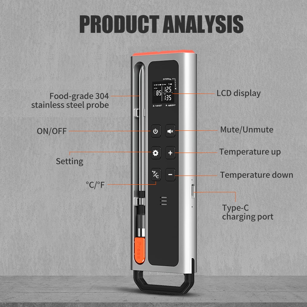 Intelligent wireless meat thermometer, with ultra-thin probe, application and host control, precision Bluetooth meat thermometer, suitable for ovens and barbecues (beef, mutton, Turkey)