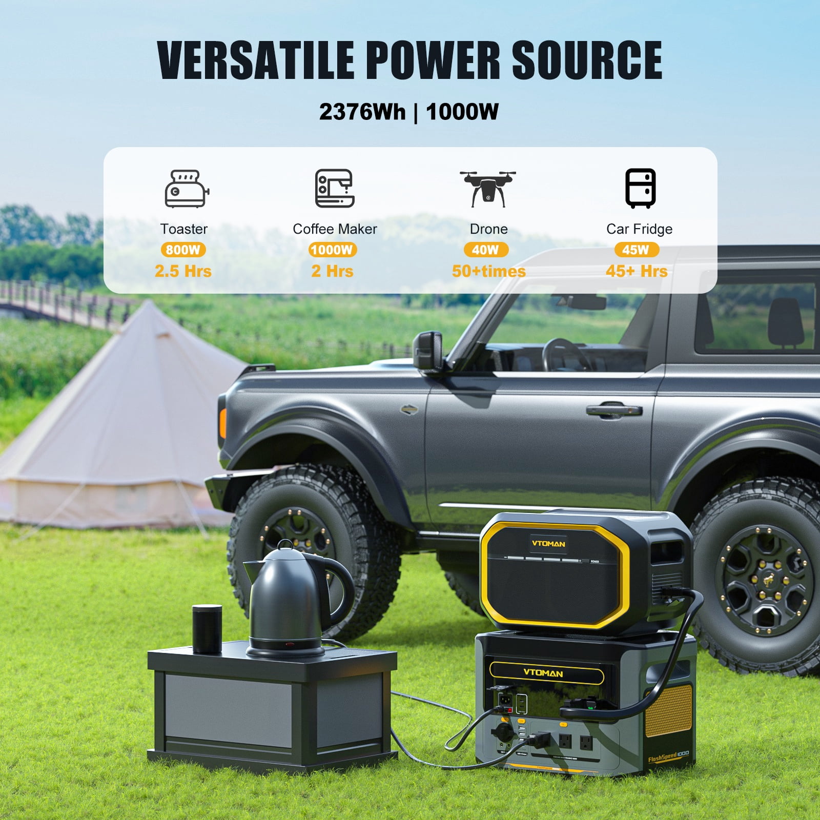 VTOMAN 1000W Portable Power Station with Extra Battery, 2376Wh UPS LiFePO4 Battery, Full Charge in 70MIN, 14 Output Ports for Jump Starter, Road Trip, Camping, Home Backup Power, Outage
