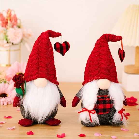 YujiCraft 2pcs Valentines Day Gnomes Plush Ornaments, Handmade Red Knit Hat Doll Couple Decor, Party Supplies,A