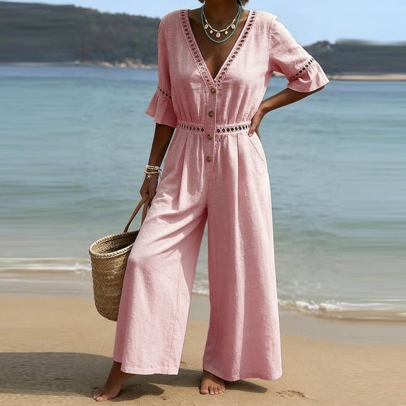 Wide Leg Pants Women's Fashion Solid V-Neck Short Sleeve Beach Vacation Pockets Button Long Jumpsuit Pink S