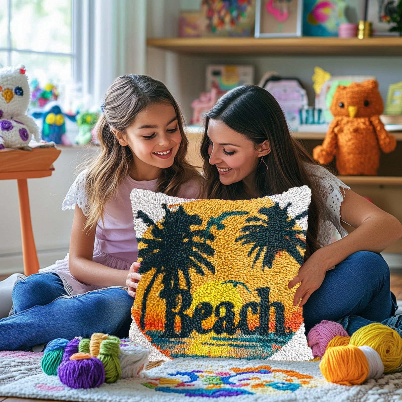 Sunset and Beach Coconut Trees DIY Latch Hook Pillow Kits for Adults Printed Pillowcase Crochet Yarns Hooking Handmade Pillow Cover Cushion for Home Sofa Decoration 17x17inch