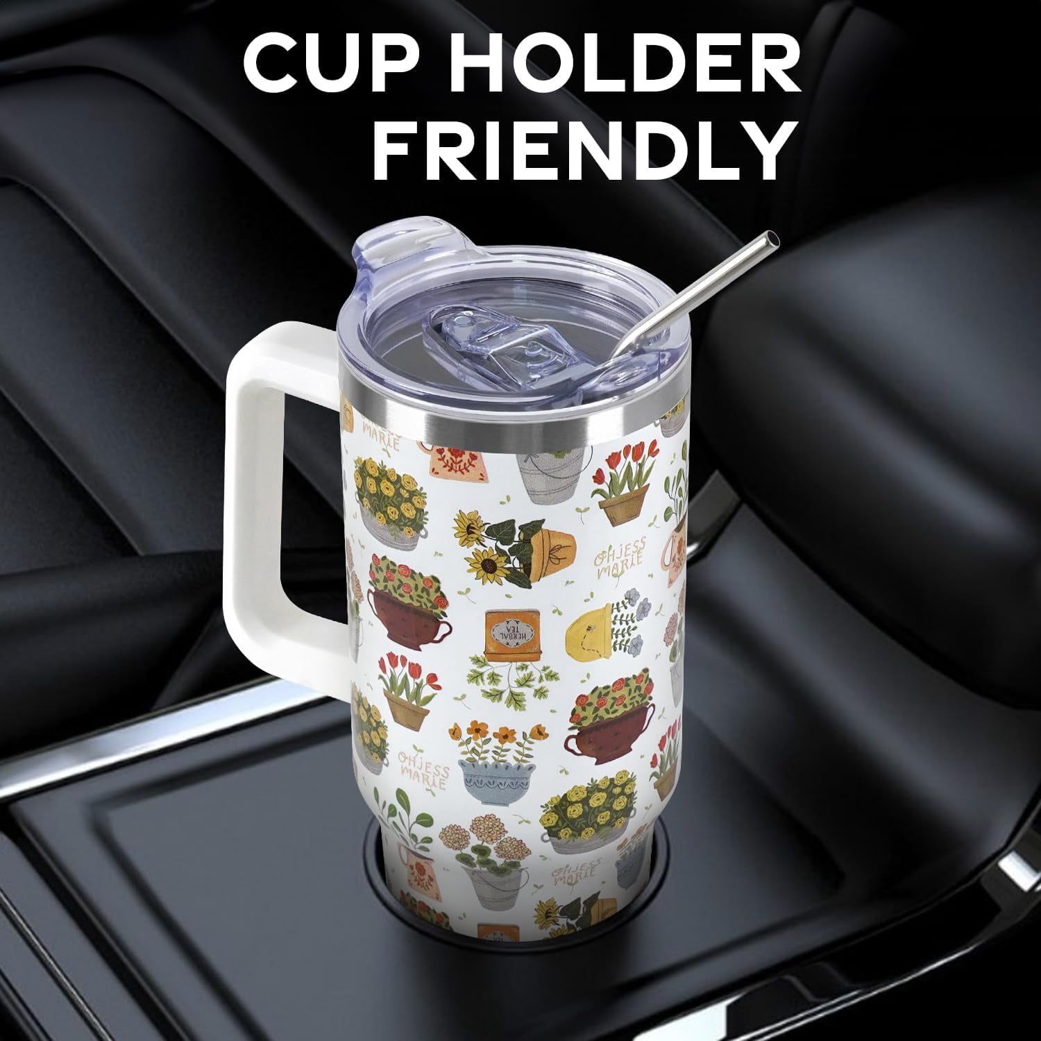 Flower Pot Tumbler with Handle and Straw Lid 40 oz,Cute Spring Summer Gift for Women Men Vacuum Insulated Leak Proof Stainless Steel Coffee Cup Mug