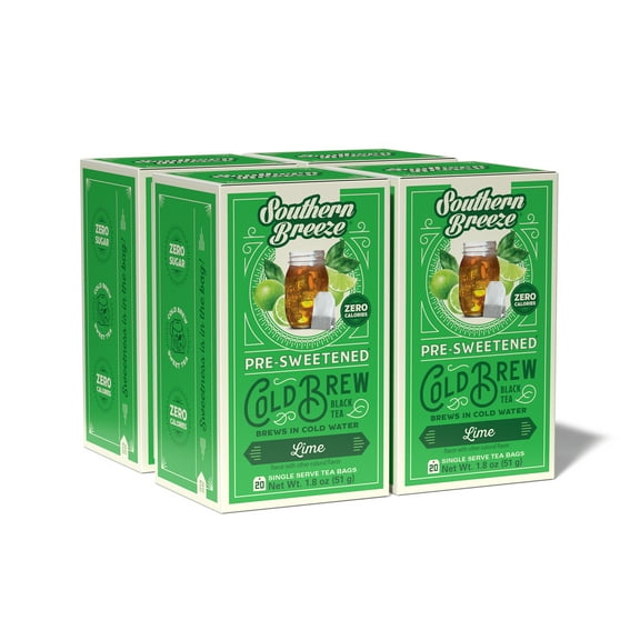 Southern Breeze Lime Cold Brew Sweet Tea Lime Iced Tea with Black Tea and Zero Carbs Zero Sugar, 20 Individually Wrapped Tea Bags Pack of 4