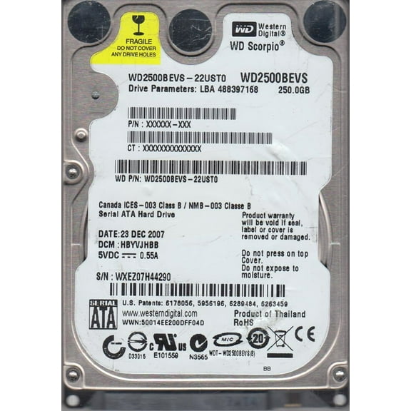 WD2500BEVS-22UST0, DCM HBYVJHBB, Western Digital 250GB SATA 2.5 Hard Drive