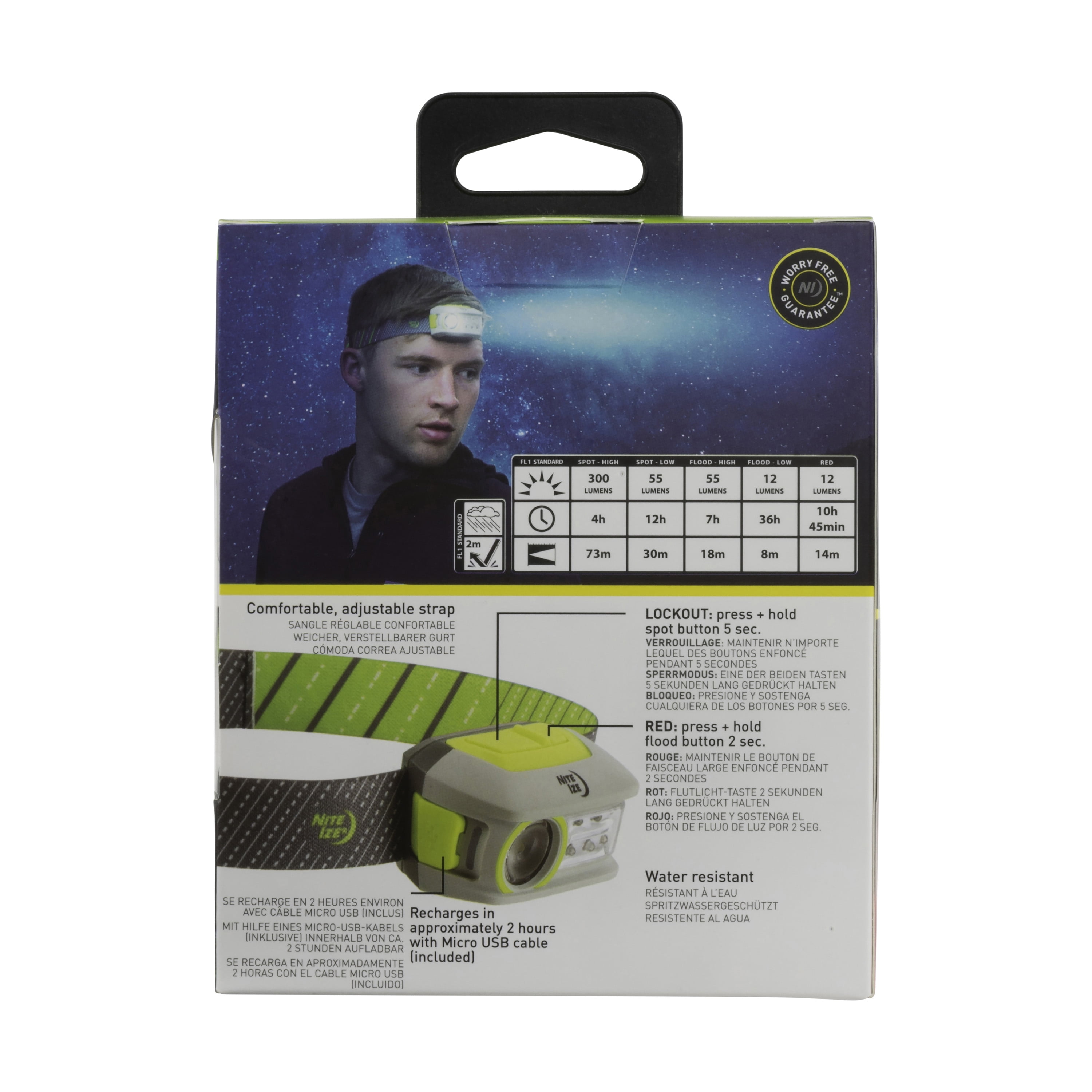 Nite Ize R300RH-17-R8 Radiant 300 Rechargeable LED Headlamp, 300 Lumen Headlight with USB Recharging Cord, Red + White LED's, Multiple Modes Plus Lockout, Green