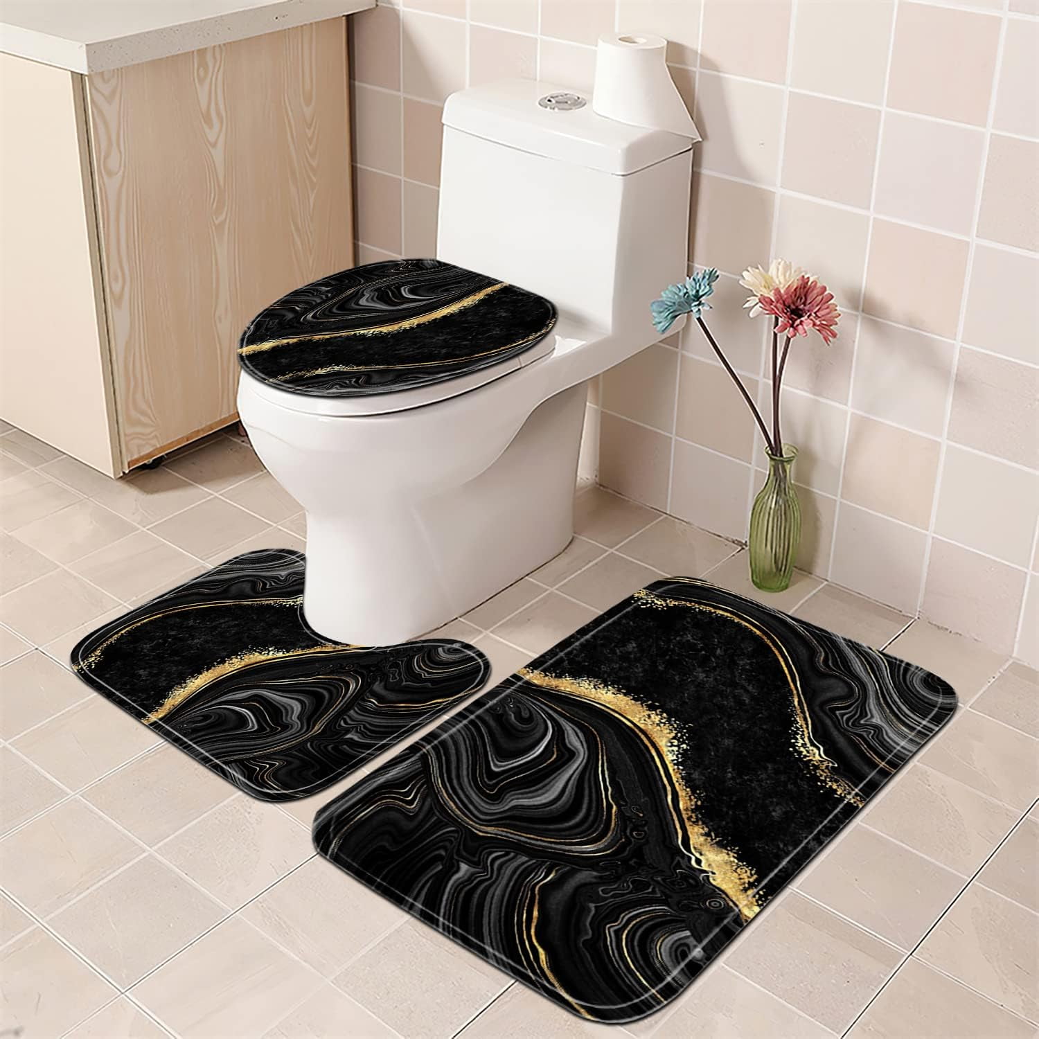 4 Pcs Black Marble Shower Curtain Sets with Rugs Gold Bathroom Sets with Shower Curtain and Rugs Modern Abstract Bathroom Decor Accessories Shower Curtains for Bathroom Toilet Lid Cover
