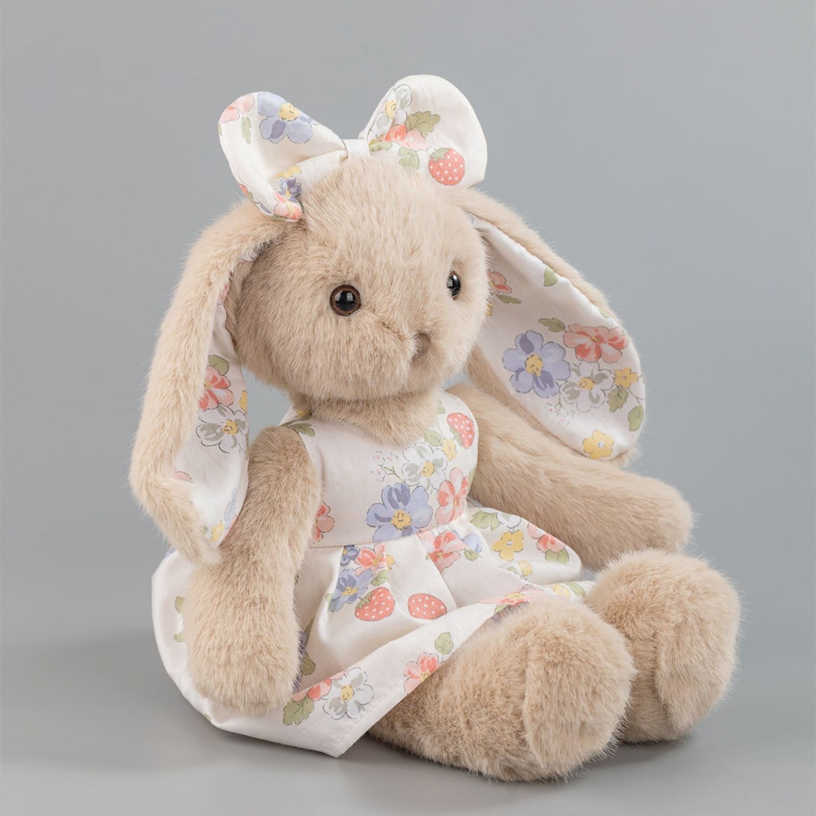 Beige Bunny Plush Toy with Floral Dress, Soft Rabbit Plush Doll for Cozy Home Decor