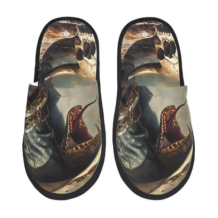 Balery Western Cowboy Snake Ram Skull Slient Indoor Furry Fleece Comfort House Shoes Soft Non-Slip Home Shoes Cotton slippers House Slippers-- Medium