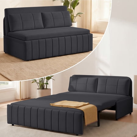Puremind Queen Size Pull Out Sofa Bed, Convertible Sleeper Sofa with Pull Out Bed, Loveseat Couch Bed with Pillows for Living Room/Apartment, Dark Gray