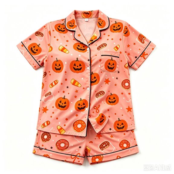 JIAYUE Girl Children Pajamas Casual Halloween Cute Pattern Print Summer Sleepwear With Short Sleeves Notched Collar Design Tops Shorts Loungewear Two Piece Set For Home Night Sleep ,13-14 Years