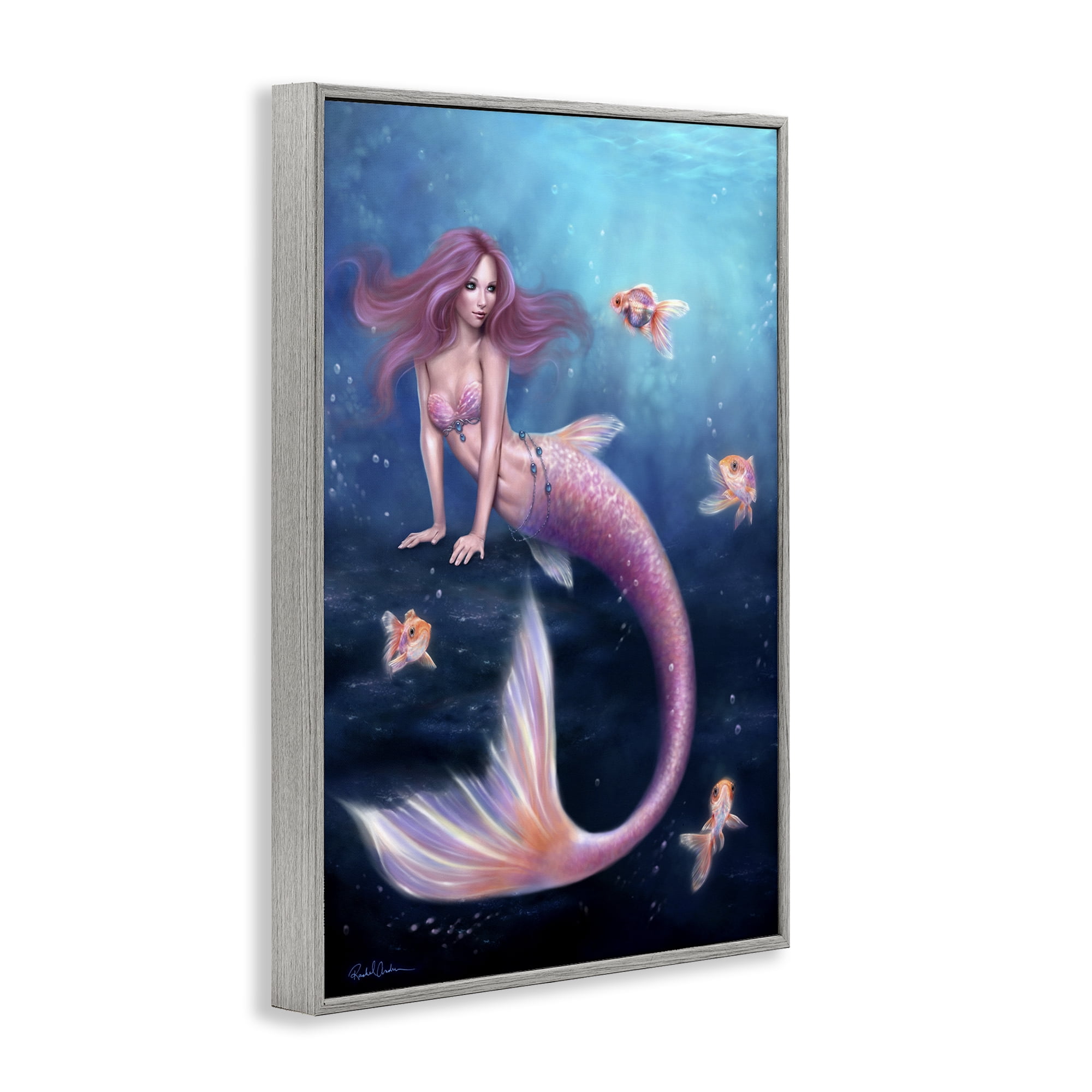 Aurelia Mermaid & Fish Gray Framed Giclee Art, design by Rachel Anderson