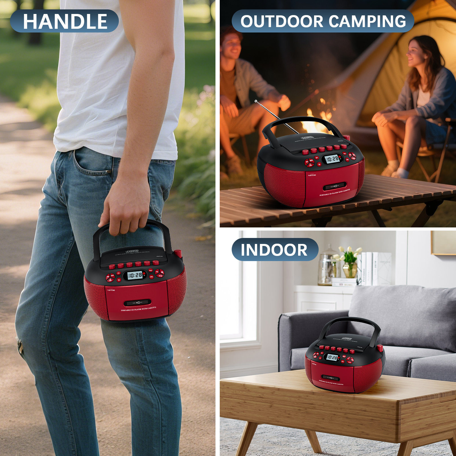 LC-dolida CD Player Boombox, Portable Cassette Player Combo with Bluetooth CD MP3 CD-R CD-R FA Radio AC/DC Powered with Remote Control, Stereo Sound for Home, Kids ,Outdoor, Gift(Red)
